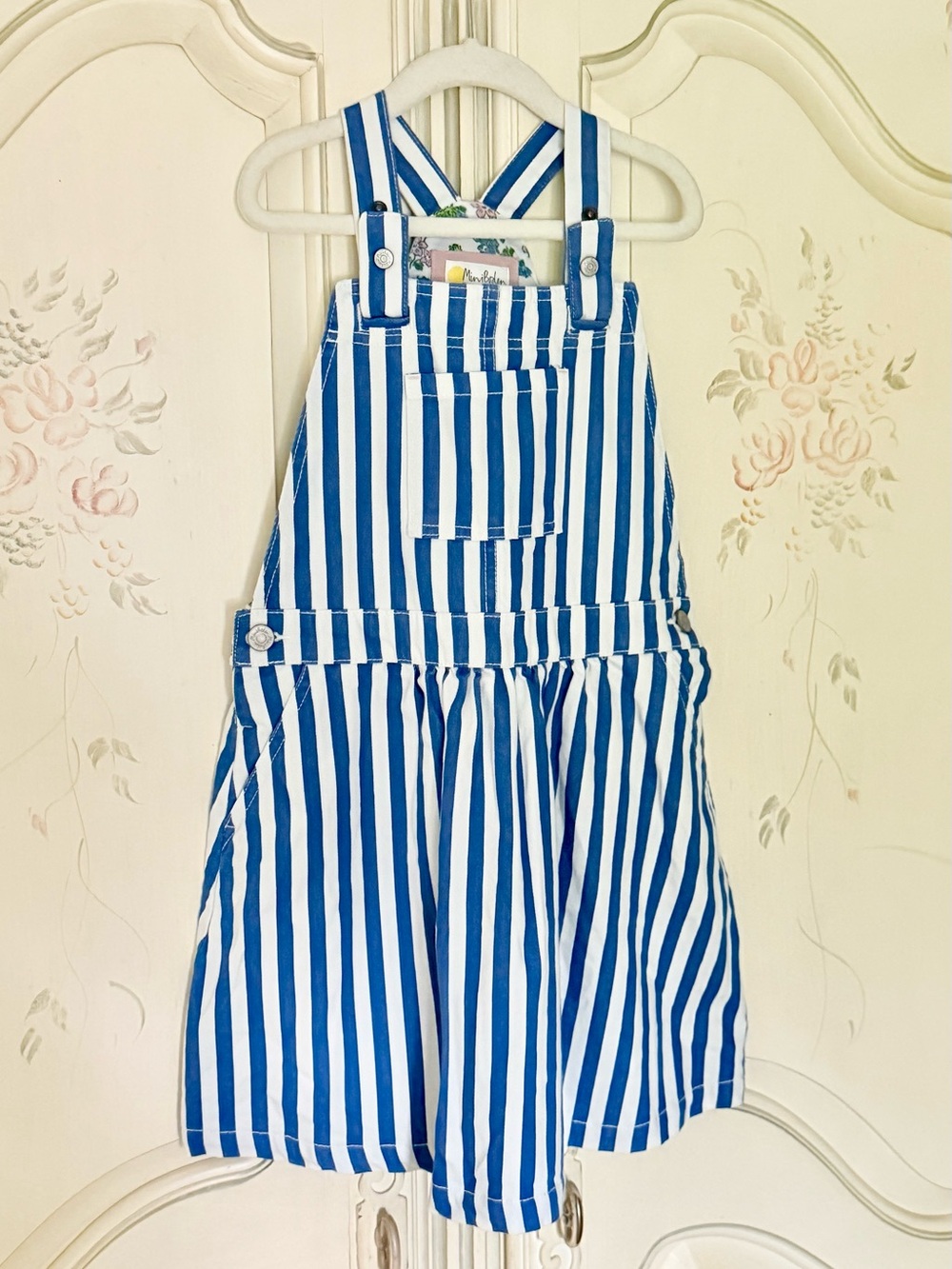 Mini Boden 7-8Y Blue/White Stripe Overalls Dress w/Pockets